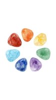 Seven colorful gemstones arranged in a circle on white background. Red, orange, yellow, blue, green, and purple crystals isolated for design, jewelry, wellness, and educational use.