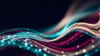 Abstract flowing waves with glowing particles and bokeh lights in teal, pink and gold colors on dark background for modern digital design projects.