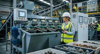 Industrial worker in safety vest operating automated manufacturing equipment in modern factory production line facility.