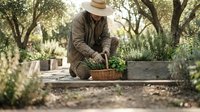 Senior man in hat tending to herb garden with wicker basket, sustainable organic farming and healthy retirement lifestyle activities outdoors.