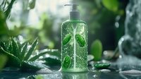 Green transparent pump bottle with fresh lime slices and water splashes on wet surface against blurred botanical background, natural cosmetics concept.