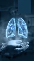 Holographic lungs with virus particles floating above medical professional hand in healthcare setting for respiratory disease awareness and treatment concepts.