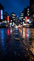 Spent bullet casing lies on wet urban street at night with blurred city lights and neon signs reflecting on pavement, suitable for crime, noir, and gritty storytelling projects.