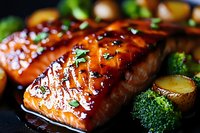 Glazed salmon fillet with honey soy sauce, served with roasted potatoes and steamed broccoli on dark background, close up view of moist flaky fish.