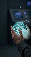 Hands holding futuristic holographic cube with glowing geometric patterns in high-tech laboratory environment for digital innovation concepts.