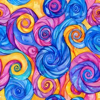Vibrant spiral pattern in blue, pink, and yellow watercolor swirls creates dynamic abstract background. Seamless repeat design for fabric, wallpaper and surface patterns.