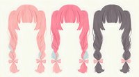 Anime style pigtail hairstyles with bows in pink and gray colors on isolated background, ready for character design, cosplay references and digital art projects.