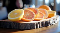 Fresh citrus slices arranged on rustic wood slice board with natural lighting, orange and lemon rounds creating vibrant composition for food styling and healthy eating.