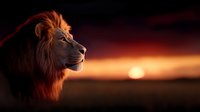 Majestic male lion with flowing mane silhouetted against dramatic sunset sky with glowing orange sun and dark red clouds, side profile portrait showcasing strength and nobility.