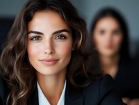 Young Mediterranean businesswoman with wavy dark hair and natural makeup wearing black blazer and white blouse, confident smile, colleague blurred in background.