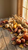Autumn harvest display with pumpkins, gourds, corn, apples and fall leaves on rustic wooden table by window for seasonal home decor and thanksgiving celebration.