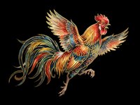 Vibrant rooster with flowing tail feathers in gold, red, and blue tones, isolated on transparent background. Ready for t-shirt designs, clipart, stickers, and print-on-demand products.