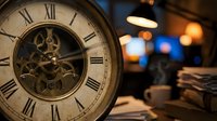 Vintage clock with exposed gears and Roman numerals on wooden desk in cozy cafe setting with warm bokeh lights creating atmospheric workspace ambiance.