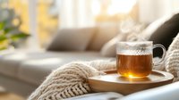 Hot steaming tea in glass cup on wooden tray with cozy knitted blanket, soft morning light through window, creating warm relaxing atmosphere at home.
