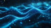 Glowing blue waves of digital particles flow through dark space creating dynamic motion effect with bokeh lights and sparkles. Abstract technology background.