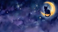 Black cat silhouette sitting on crescent moon against starry night sky with purple and blue clouds. Whimsical nighttime scene for children's books, nursery decor, and fantasy artwork.
