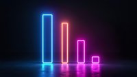 Glowing neon bar graph showing declining trend with blue, red and pink gradient colors on dark background, modern minimalist design for business presentations.