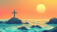 Serene coastal landscape with Christian cross on rocky cliff against vibrant sunset sky and turquoise ocean waves, spiritual nature illustration.