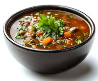Hearty beef and vegetable soup garnished with fresh parsley served in black ceramic bowl, rich brown broth with carrots and tender meat pieces on dark background.