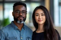 Professional African American man with glasses and Asian woman smiling together in modern office environment for business teamwork and diversity concepts.