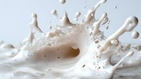 Creamy white milk splash with dynamic droplets and crown formation against light background, capturing liquid motion in high-speed photography for dairy advertising.