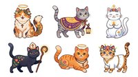 Cartoon cats with celestial and mystical elements wearing halos, crowns, and decorative clothing. Collection includes orange tabby, black, and white felines with magical accessories. Isolated clipart suitable for t-shirts, stickers, and design projects.