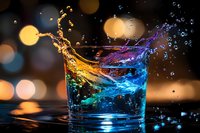Colorful cocktail with dynamic splash in glass against bokeh lights background. Vibrant blue and purple liquid motion for beverage advertising and bar concepts.