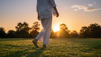 Healthcare professional walking across green field during golden hour sunset representing wellness and work-life balance in medical career.