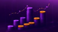 Growing stacks of purple and orange coins with ascending line graph showing financial growth trend against dark background with neon glow effect.