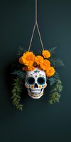 Mexican sugar skull decorated with orange marigold flowers and ferns hanging against dark green background, Day of Dead celebration traditional arrangement.