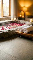 Luxury spa bathroom with stone bathtub filled with rose petals and rolled towels on wooden tray creating serene wellness atmosphere for relaxation.