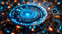 Futuristic glowing blue circular interface on circuit board with orange bokeh lights, representing advanced technology and digital transformation.