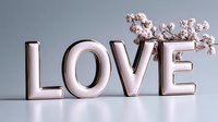 Pink metallic letters spelling LOVE with delicate cherry blossom branch on top against light gray background, romantic minimalist composition for wedding and valentines designs.