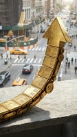 Golden arrow made of stacked gold bars and mechanical gears pointing upward above busy city street, symbolizing financial growth, investment success, and rising market trends.