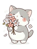 Adorable kawaii cat character holding pink and white flowers bouquet with happy expression, drawn in cute chibi anime style on white background.