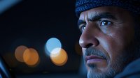 Middle Eastern man with beard wearing traditional headscarf gazes intensely into distance against dark background with blurred city lights, dramatic side lighting highlights facial features.
