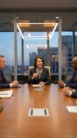 Professional middle-aged Caucasian businesswoman leading corporate board meeting in modern conference room with city skyline view during evening hours.