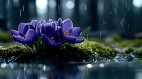 Purple crocus flowers blooming in spring rain with water droplets on petals and moss-covered ground creating fresh seasonal garden scene.