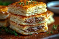 Flaky puff pastry squares filled with savory meat, stacked and garnished with fresh herbs on rustic wooden board, close-up view showing layered texture.