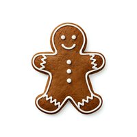 Cheerful gingerbread man cookie with white icing trim and happy face expression, isolated on white background for holiday baking, Christmas designs, and festive clipart applications.