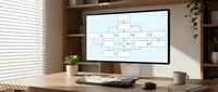 Modern home office workspace with computer monitor displaying organizational flowchart diagram on wooden desk near window with natural lighting for productivity.
