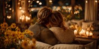Couple embracing on couch in cozy living room with warm lighting and autumn decorations creating romantic intimate atmosphere for relationship content.