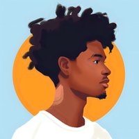 Side profile portrait of young African American man with natural curly hair against orange circle on blue background, minimalist digital art style.