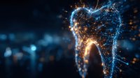 Digital tooth with glowing network connections and particles on dark blue background for dental technology and healthcare innovation concepts.