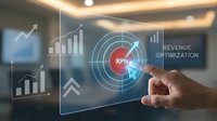 Business professional touching KPIs dashboard with financial charts and revenue optimization metrics on transparent digital interface screen.