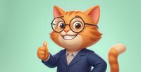 Cartoon orange tabby cat character wearing glasses and business suit giving thumbs up gesture on mint green background for mascot design.