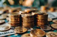 Stacked golden coins on dollar bills with soft bokeh background, representing wealth, savings and financial success. Macro photography with selective focus.