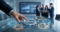 Business hand touching digital consulting network with strategy growth innovation icons in modern office meeting room with professionals background.