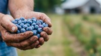 Farmer holding fresh blueberries in cupped hands at harvest time in agricultural field with farm buildings visible in background.
