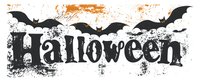 Spooky Halloween text banner with flying black bats and orange grunge texture on white background, isolated design element for seasonal decoration.